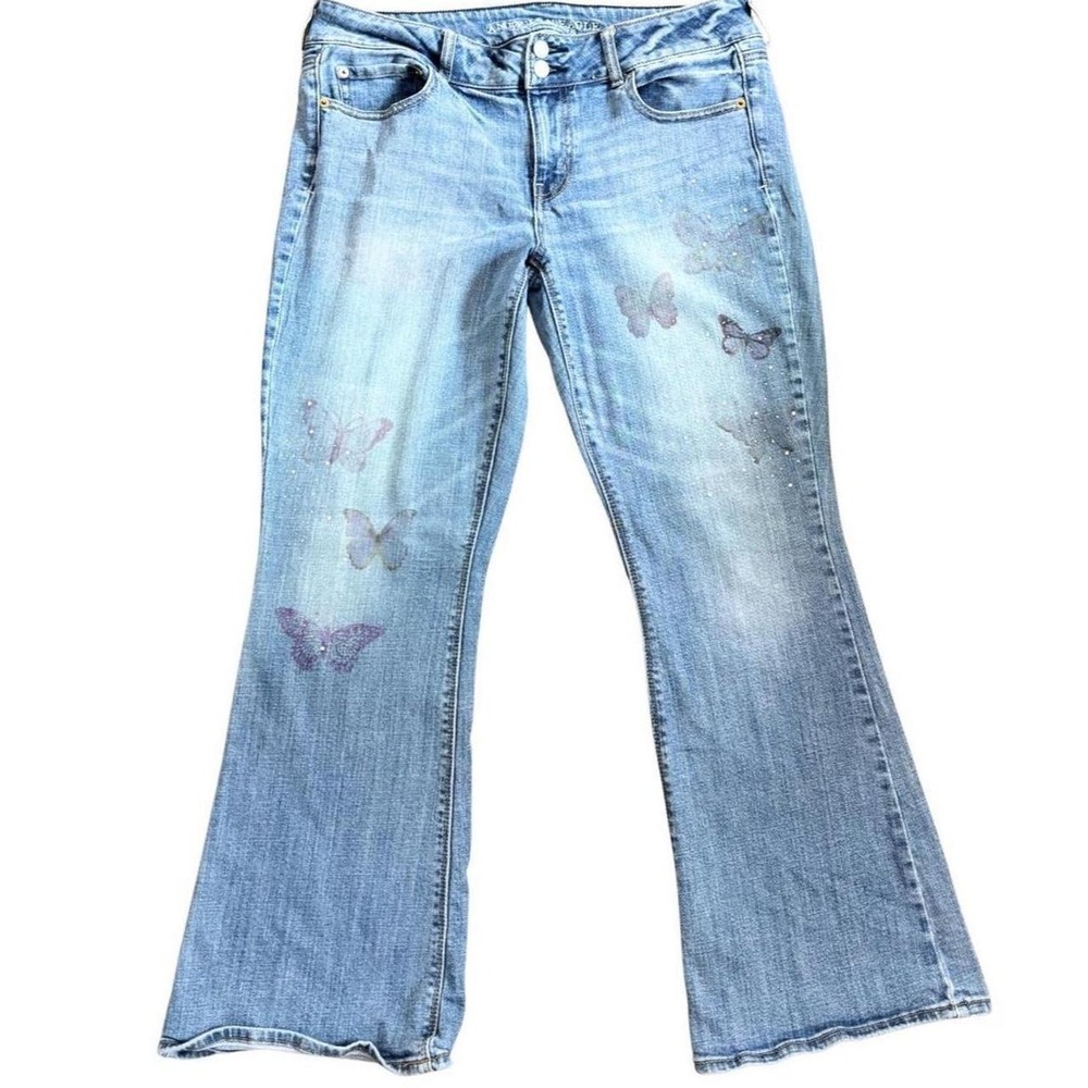 Vintage Y2K Medium Wash Butterfly Rhinestone Flare Jeans W36 L30